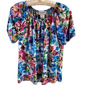 C.D. Petites Ladies Scoop Neck Sequins Blouse, Petite Small ,Multicolor Floral